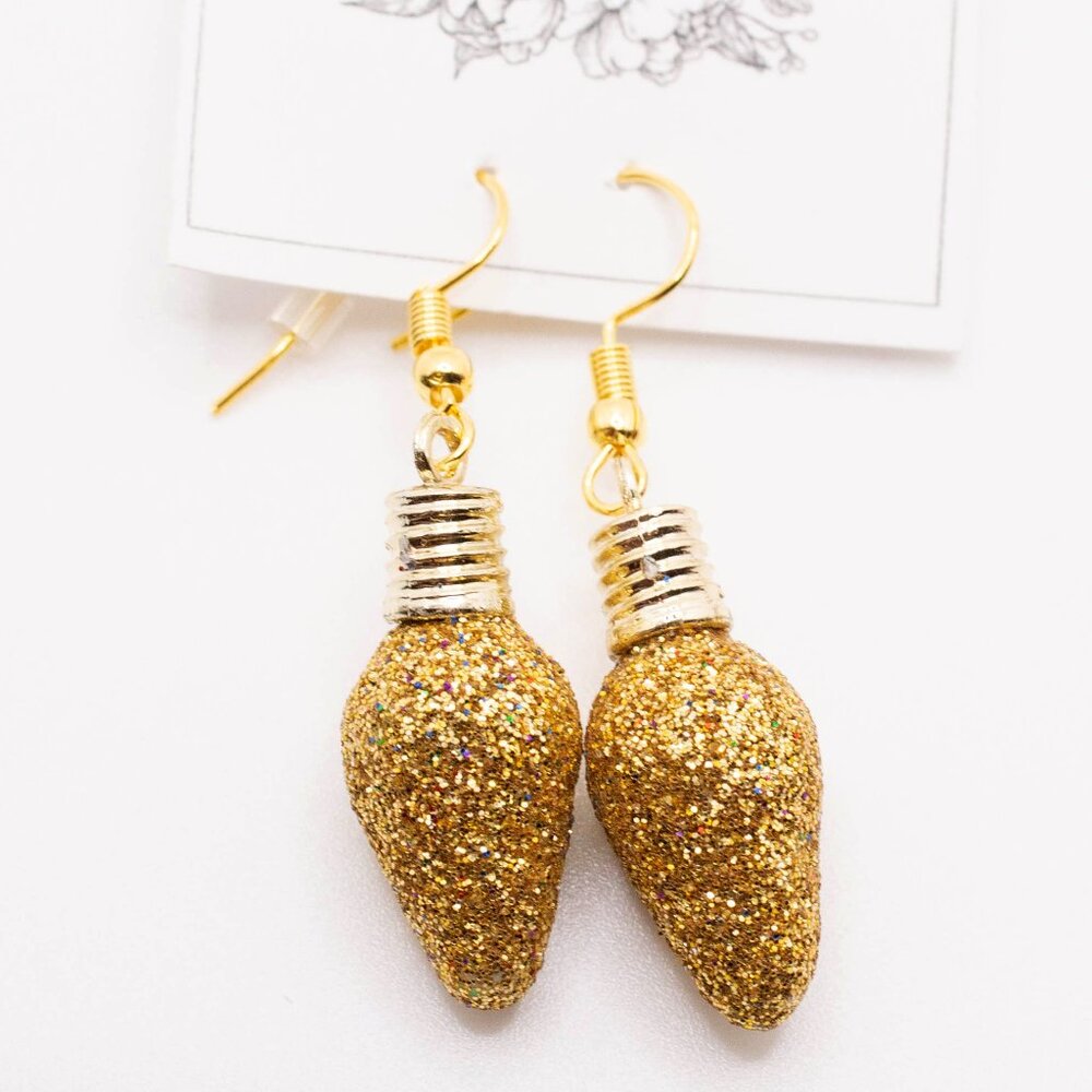 Handmade Jewelry Holiday Medium Gold Glitter Christmas Bulb Earrings, New